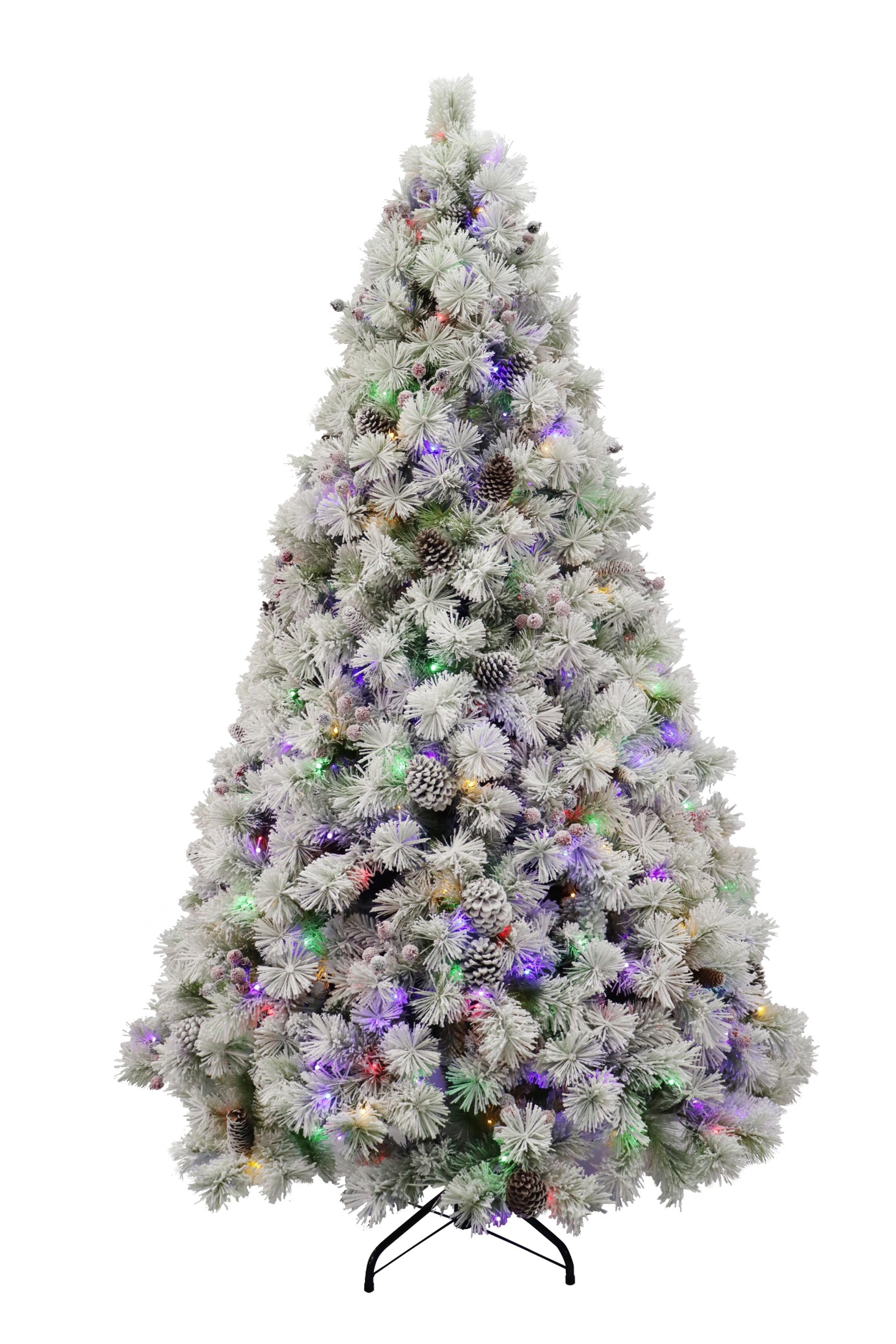 Puleo International 7.5ft Pre-lit Connecticut Tree with Red Berries, Pinecones, Dual Color LED Lights with Functions, Foot Pedal, Remote Control, and Quick Pole
